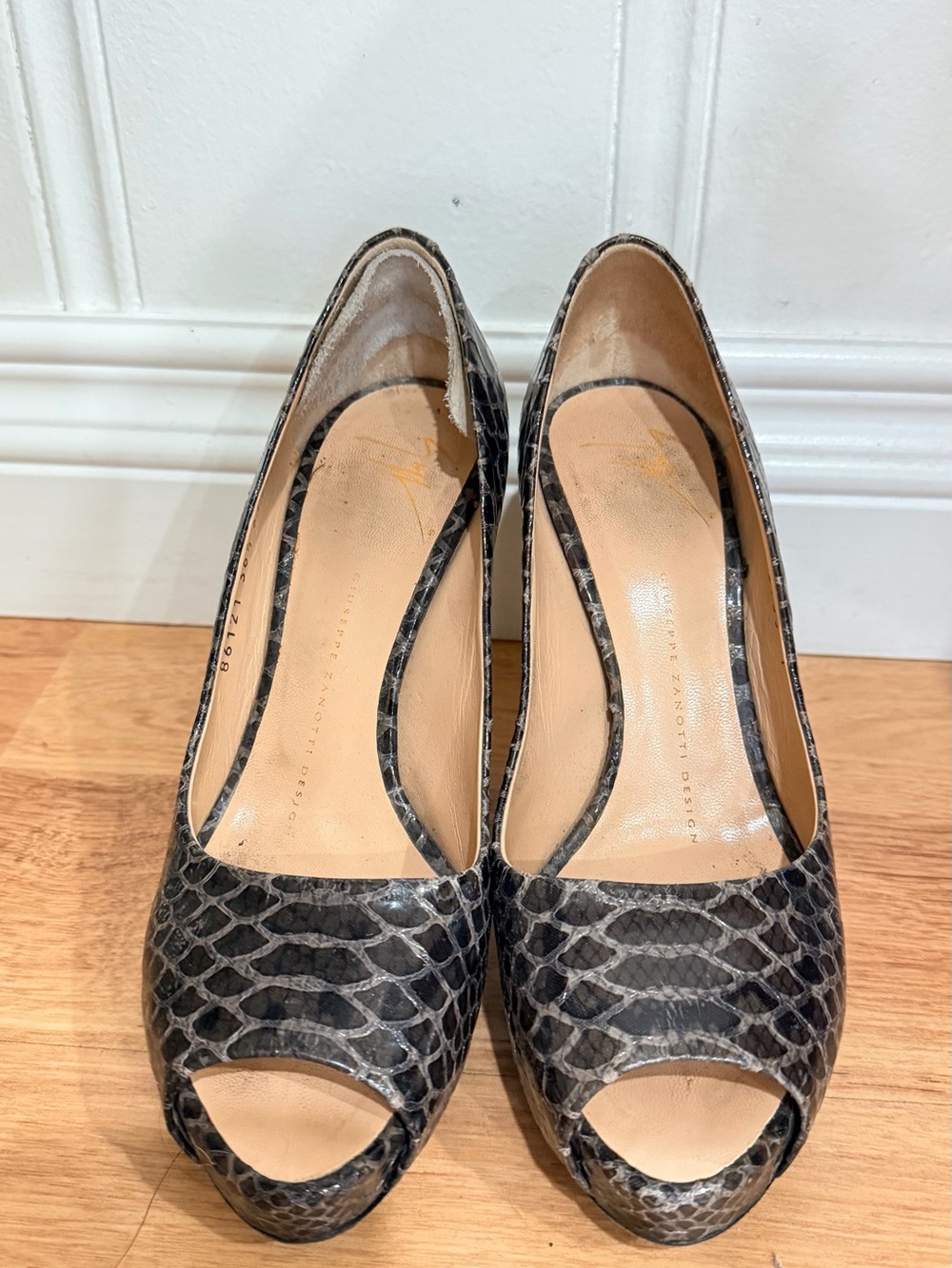 Giuseppe Zanotti Black Snakeskin Peep-Toe Pumps